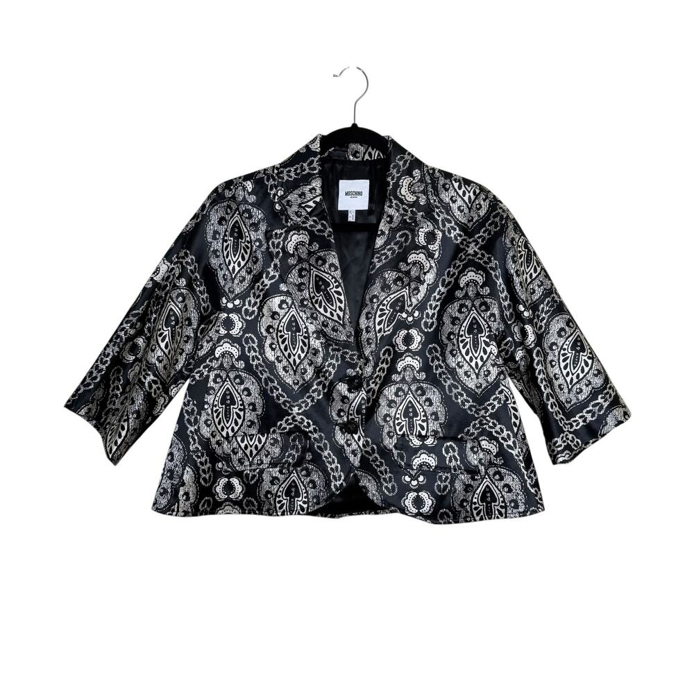 NEW Moschino Jeans Size 4 Donna Blazer Jacket Satin Black‎ White Paisley Print